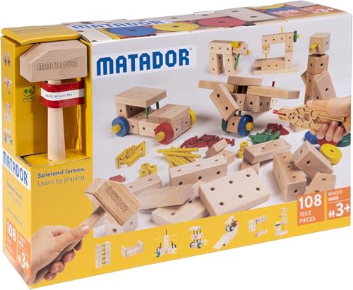 Matador Kinder Baukasten ab 3 Jahren 108-tlg. - Spannendes Holz Konstruktionsspielzeug zur Schulung von Kreativit&auml;t und Feinmotorik, Bauspielzeug mit St&auml;bchen, Kl&ouml;tzen, Hammer & Zange