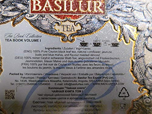 Basilur | Gift Tea Set | Tea Book -Vol 1 | Collectable Metal Tin Caddy | Pure Ceylon Black Tea With Jasmine Buds, Blue Malva And Flavor Roasted Almon | 100G /3.52 Oz. X 06 Packs #TOP1