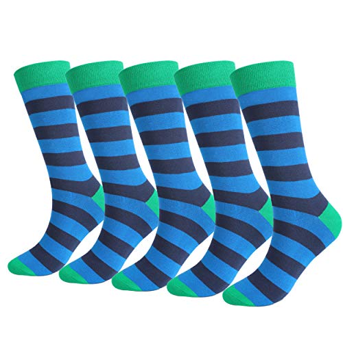 5 Pack Mens High Tube Socks with Striped Cozy Colorful Cotton Fun Novelty Dress Socks, Dark Blue