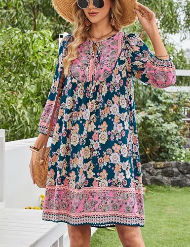 Image of Bluetime Women Casual Summer Dress Boho V Neck 3 /4 Sleeve Babydoll Floral Print Flowy Beach Dress