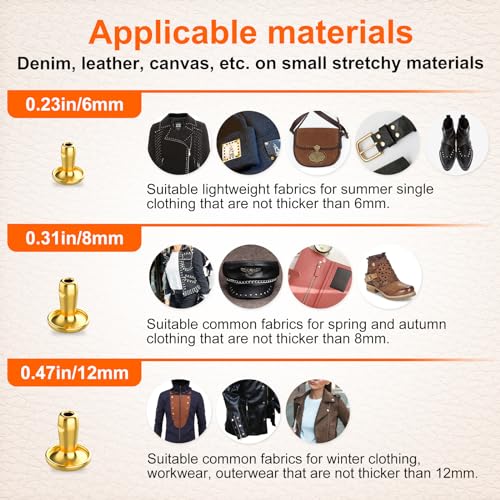 Alritz SEWING-KIT-005 240 Sets Leather Rivets, Double Cap Rivets Tubular 4 Colors 2 Big Sizes Metal Studs thumb #2