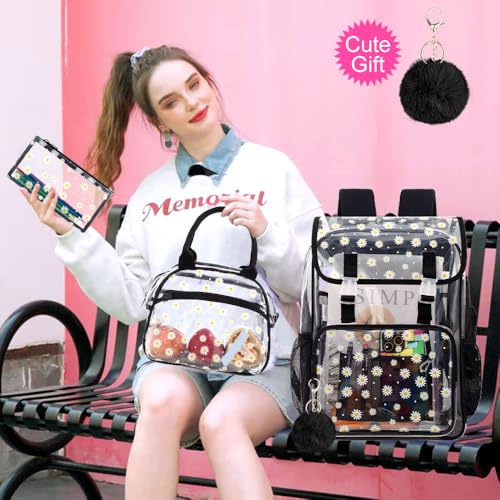 17" Daisy Clear Backpack for Girls - 3Pcs Flip Design Stadium Approved Set, Waterproof Campus/School Transparent Bookbag (Black)2
