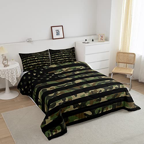 Army Camouflage Comforter American Flag Comforter Set For Kids Boys Girls Teens Military Decor Jungle Green Camo Usa Flag Bedding Set Independence Day Down Comforter For All Season 3Pcs Twin Size #TOP1
