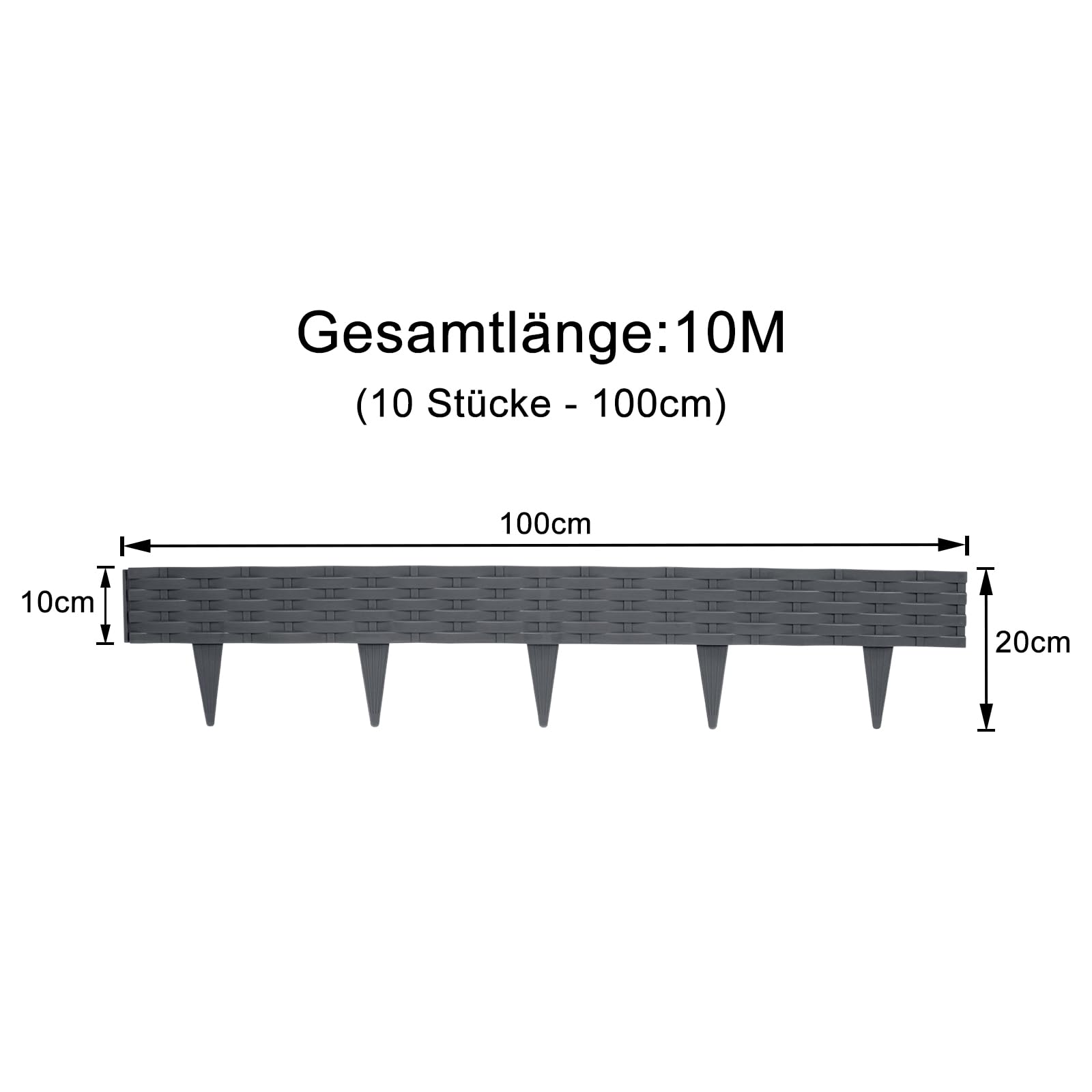 Rasenkante Kunststoff 20m Rattan-Optik Anthrazit 20 Stück Garten