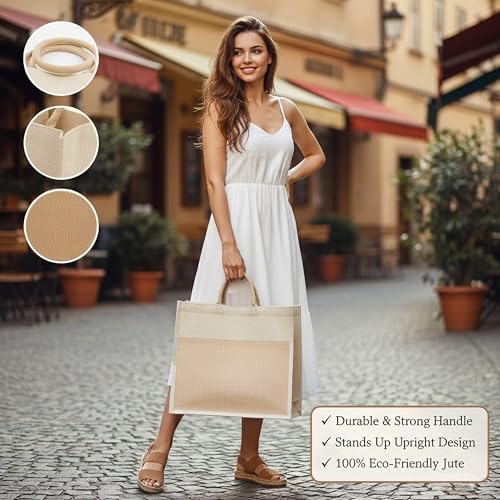 Image of Match Made Eco Friendly Jute Jhola Bag For Kitchen Essential Grocery Shopping, Carry Milk, Fruits, Vegetable With Reinforced Handles & Zipper