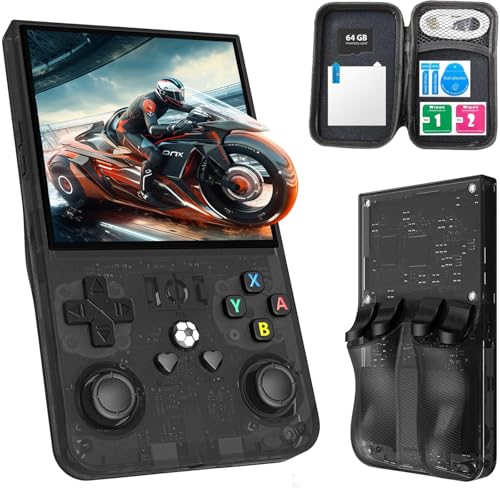 R36MAX Upgraded Retro Gaming Console,4.0 inch IPS Screen,Linux System with Professional RK3326 Gaming Chip, Retro Handheld Game Console Built-in 18000+ Games,4000mAh Large Battery (More Black)