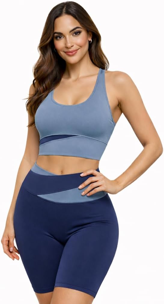 Women's 2-Piece Workout Set, Seamless Racerback Sports Bra and Biker Shorts, Polyester Spandex