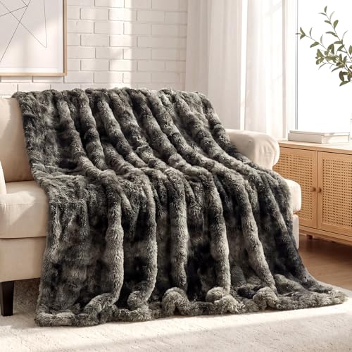 Wajade Fluffy Faux Fur Throw Blanket for Couch Bed 90x90, Luxury Soft Thick Fuzzy Plush Bubble Blanket, Warm Cozy Blanket for Sofa Chair, Tie-dye Dark Grey