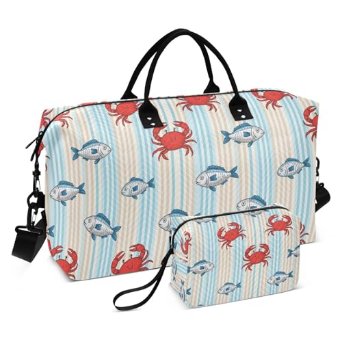 Crab Fish Stripe Travel Duffel Bag for Men Women with Makeup Bag Weekend Overnight Carry On Bags for Travel Weekend Getaway