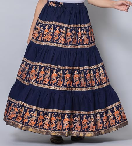 Image of Women's Cotton Printed Long Skirt | Ethnic Folk Print Tiered Maxi Skirt for Women | Elastic Waist Flared Boho Skirt | Traditional Casual for Women