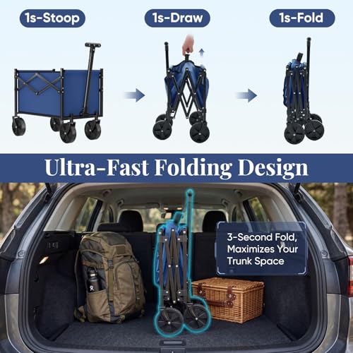 Image of DUMOS Collapsible Wagon with Wheels, 220LBS Wagons Carts Foldable Small Wagon Cart with Flexible Handle, Lightweight Portable Folding Utility Grocery Shopping Cart for Sports Garden Camping, Blue