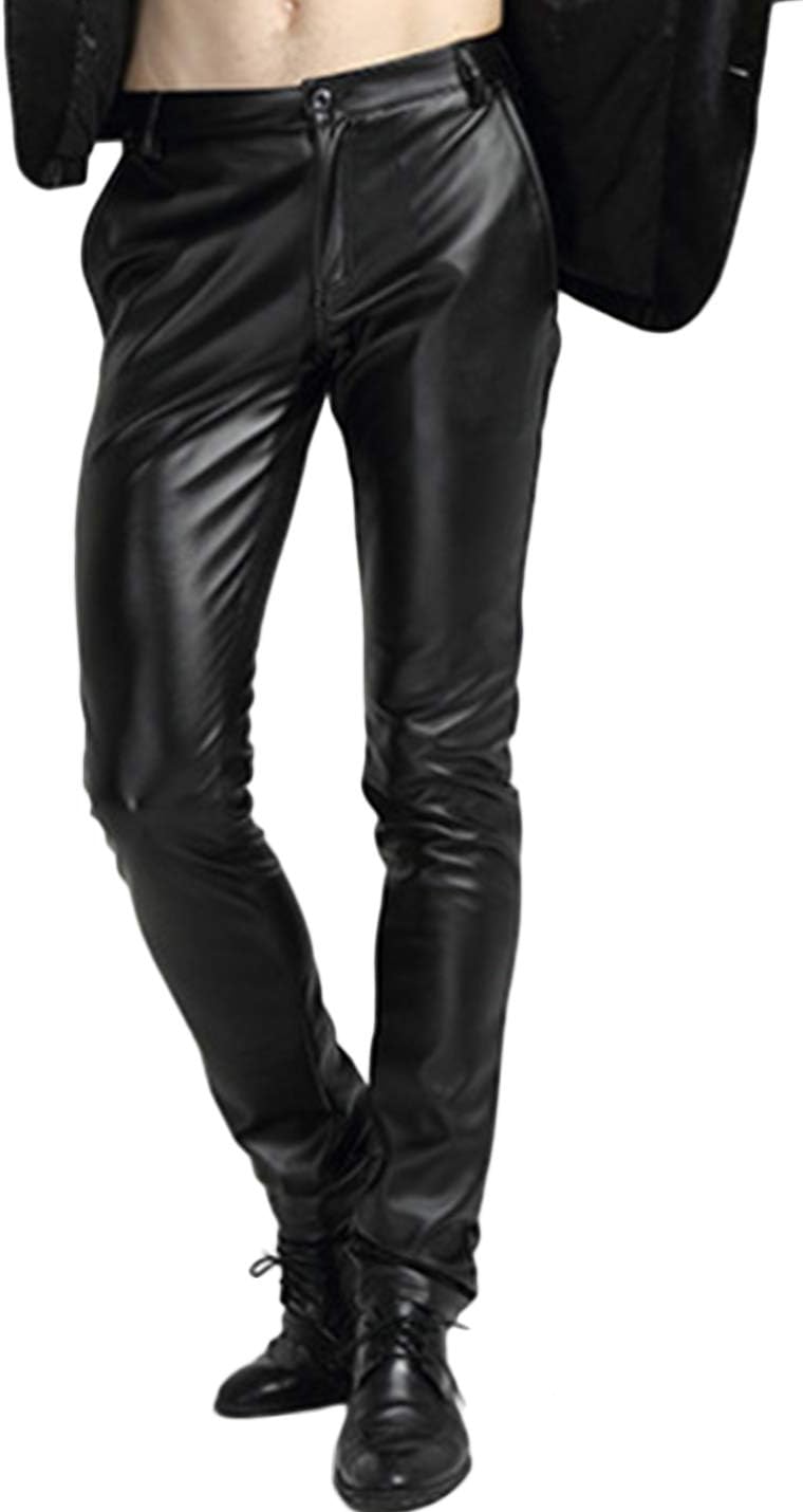 YeokouMen's Skinny Straight Leg Tapered Pu Faux Leather Motorcycle Biker Pants