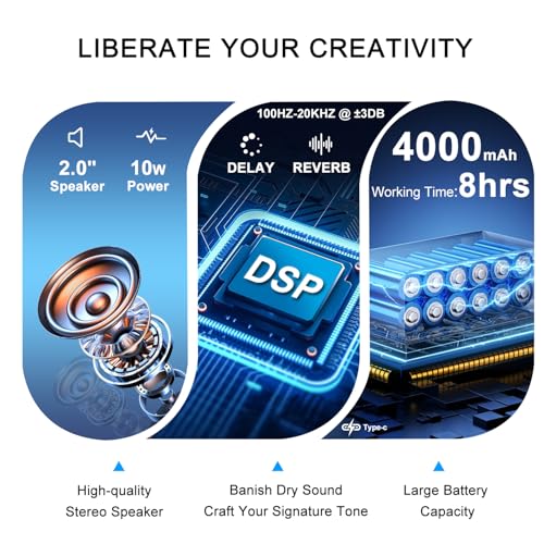 Image of YUER BA-10Pro 10W Portable Acoustic Guitar Amp, 6.35mm Dynamic Microphone Input Wireless 5.3, Reverb Delay, Vocal Remover, OTG Recording, 4000mAh Battery Rechargeable for Practice
