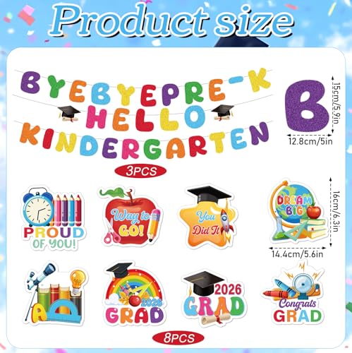 Image of Preschool Graduation Decorations, 11PCS Bye Bye Pre-K Graduation Banners Hanging Swirls Party Decor, Colorful Next Stop Kindergarten Congrats Grad Party Supplies