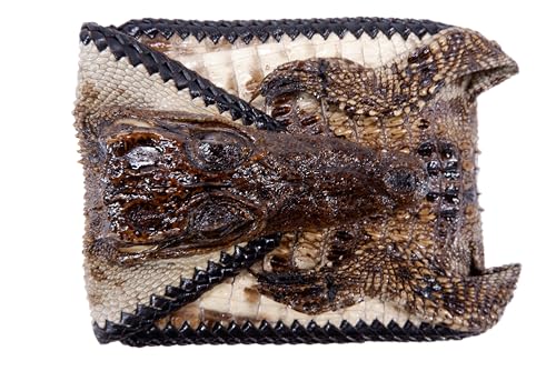 Genuine Crocodile Alligator with Head Skin Leather Bifold Handmade Western Cowboy Wallet (Natural, [C5] - 6 Card Slots + 2 Compartments for Bills)2