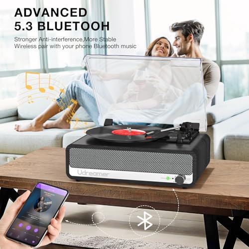Image of Vinyl Record Player with Built-in Speakers,3 Speed Turntable with Bluetooth 5.3, AUX Input, Headphone Jack, RCA Output and Auto Stop, Mirror Vintage Wooden Black