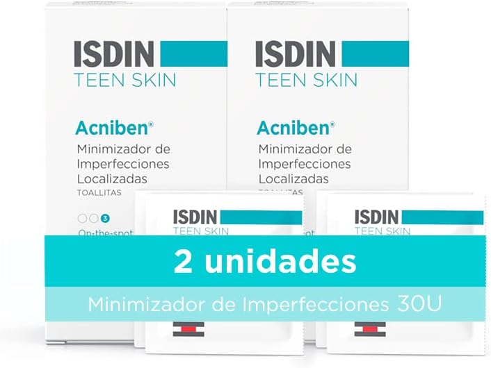 ISDIN ACNIBEN Minimizador de Imperfecciones Localizadas, Toallitas para Controlar las Imperfecciones de la Piel Grasa o Acneica, Pack de 2 Unidades, 2 x 30