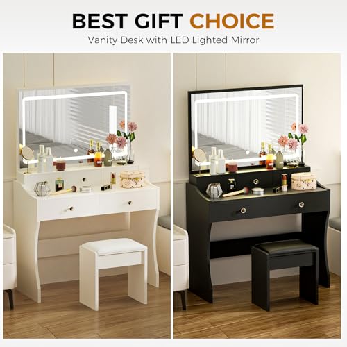 COMHOMA Makeup Vanity Desk with Mirror and Lights, Vanity Table and Chair Set with 5 Drawers and Charging Station, Bedroom Dresser LED Mirror Stepless Dimmable & 3 Color Modes Adjustable, Black
