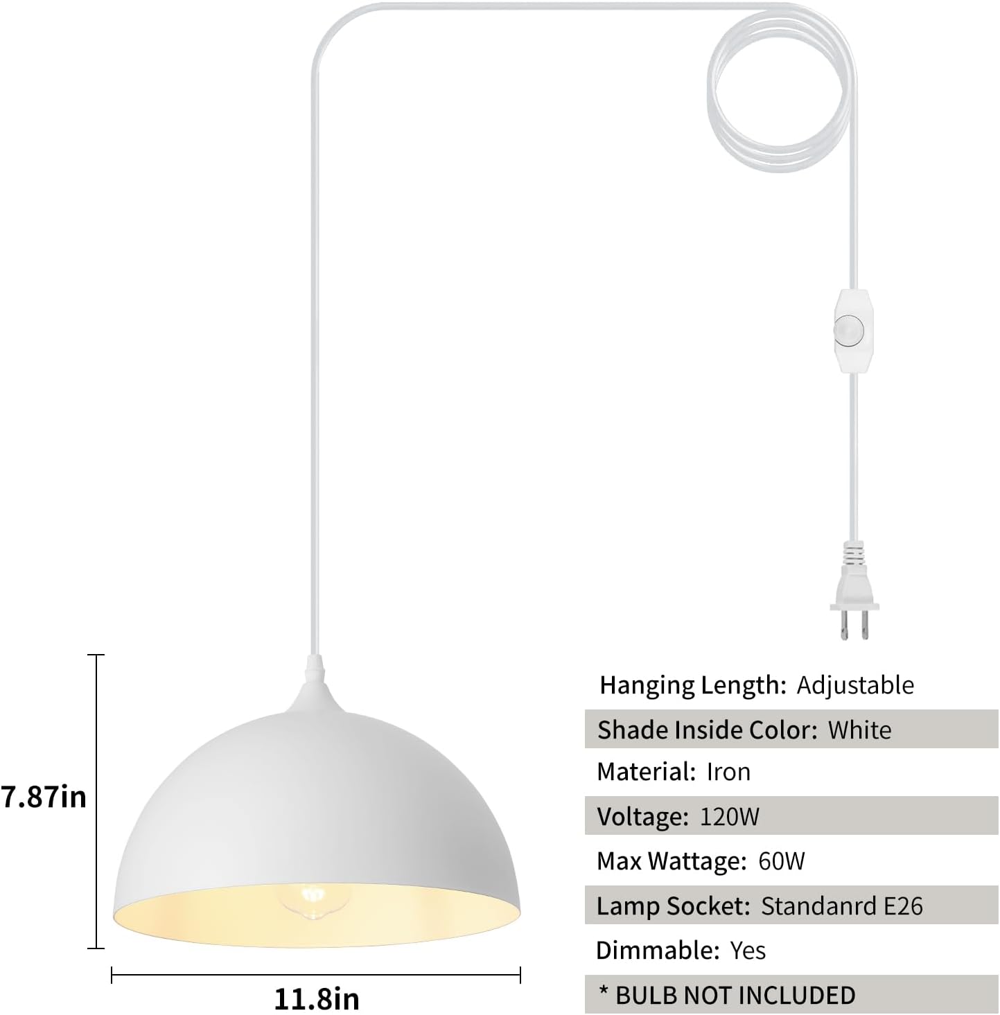 White Plug in Pendant Light,2 Pack 11.8inch Hanging Lights with Plug in Cord 14.7 ft, Hanging Pendant Light,Hanging Lamp Plug in for Bedroom Living Room Kitchen Island
