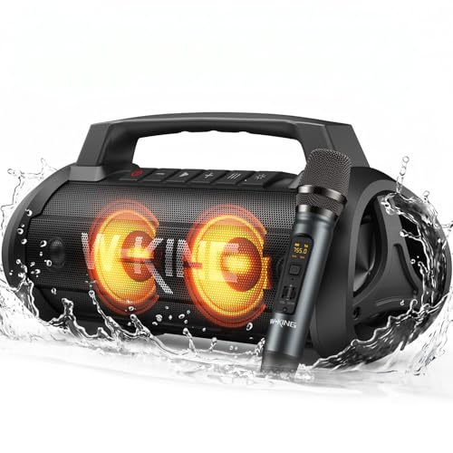 Image of W-KING Portable Bluetooth Speaker with Wireless Microphone, 120W Peak 70W RMS Waterproof Outdoor Bluetooth Speakers, 110dB Loud Bass Up, 42H /BT5.4 /DSP /RGB, Stereo Pairing for Camping /Beach Essentials