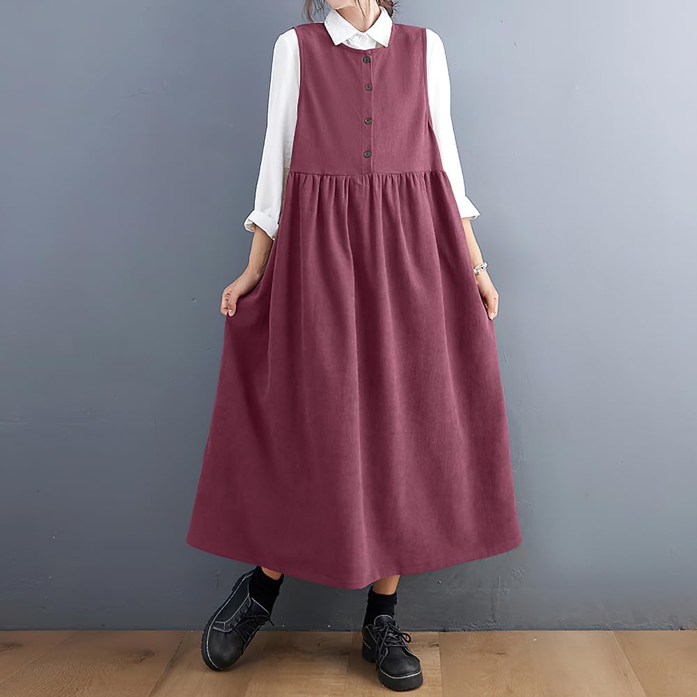 chouyatou Women's Cute Sleeveless Corduroy Overall Dress Jumper Midi Babydoll Tank Dress with Pockets - Image 4