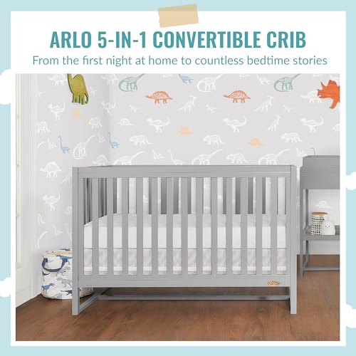 Image of Dream On Me Arlo 5-in-1 Convertible Full-Size Baby Crib in Pebble Grey, GreenGuard Gold & JPMA, Converts to Toddler, Day & Full-Size Bed, 3 Mattress Heights, Non-Toxic Finish, Sustainable Pinewood