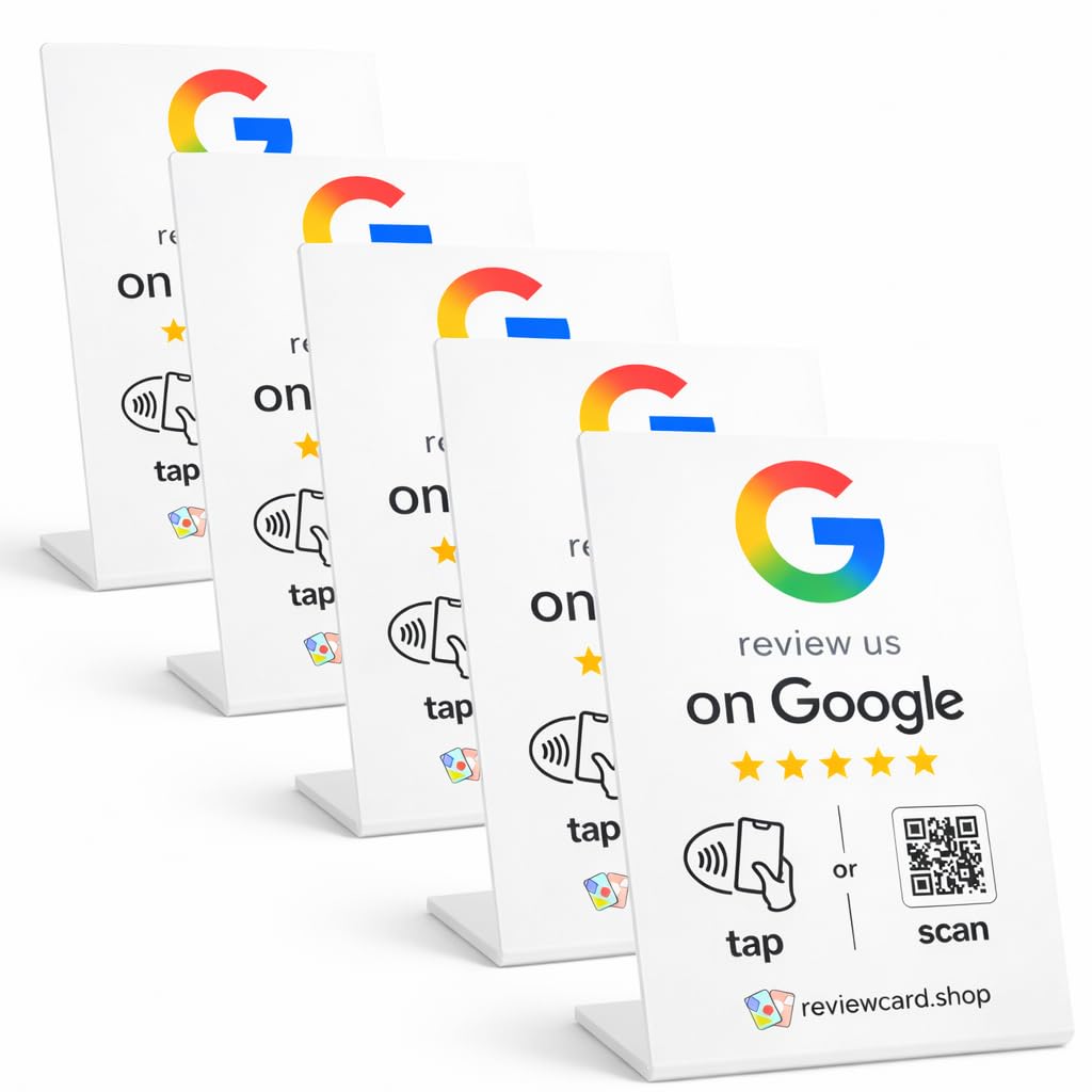Tap to Review NFC + QR Review Stand (5 Piece) | Contactless Review Stand | Collect 5* Reviews & Rank at The Top of The Search (White Stand, 5 Piece)