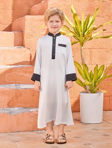 Image of OBEEII Boy's Muslim Arab Solid Color Thobe Long Sleeve Kaftan Embroidered Robe Islamic Arabic Abaya Thobe