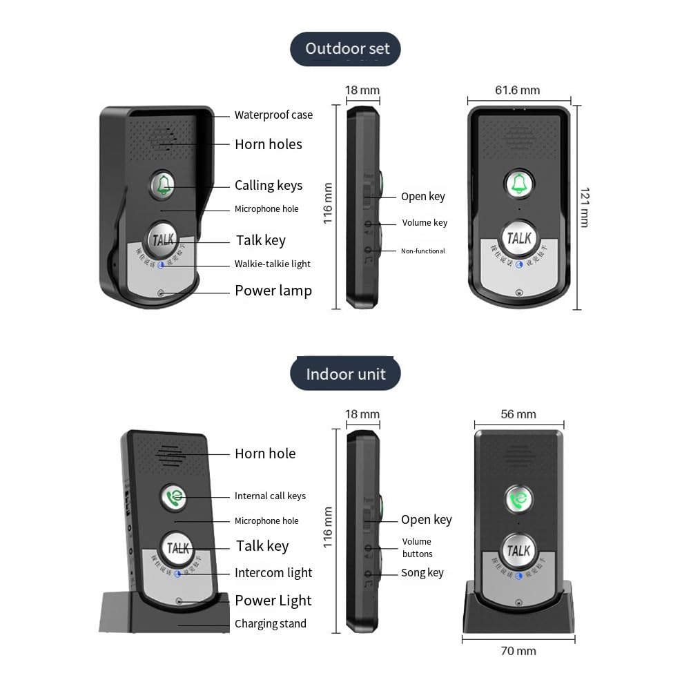 Timbre inalámbrico con alcance de 1000 m, sistema de intercomunicación de audio de 2 vías, botón impermeable IP65 para exteriores, batería de 2000 mAh para el hogar, villa y apartamento
