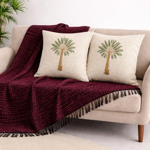 Image of Handwoven Sofa Throw 50x70 Inches with Jute Palm Tree Cushion Covers 16x16 Inches (Set of 2), Soft Decorative Blanket for Living Room & Couch - Pack of 3 (1 Sofa Throw + 2pc Cushion Cover)