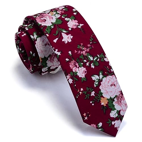 Image of GUSLESON Fashion 2.4 inch(6cm) Floral Skinny Tie for Men Slim Flower Print Cotton Necktie for Wedding Party