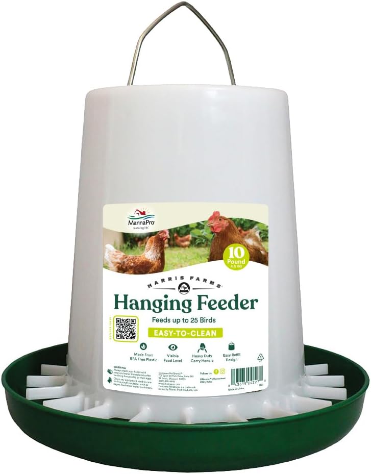 Harris Farms Plastic Hanging Poultry Feeder, Twist and Lock Base, For Medium to Large Flocks, Feeds up to 25 Birds, 10 lbs