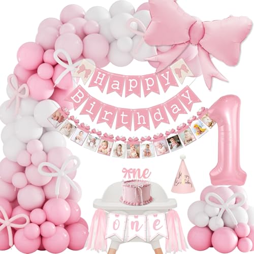 1st Birthday Decorations for Girls Pink First Birthday Decorations Pink White Balloons Bow Balloons with Baby Month Photo Banner Cake Topper for 1st Party Decorations