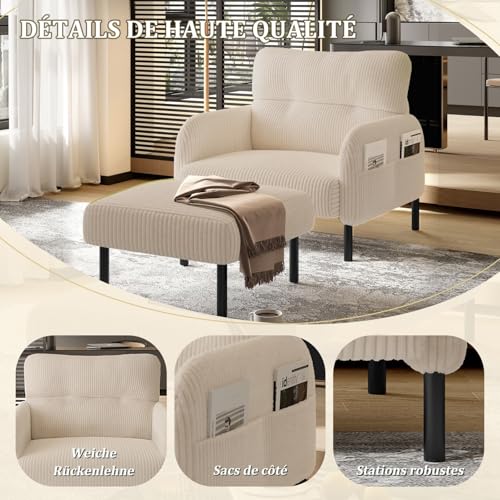 Fauteuil 1 Place Velours Côtelé Beige, Poche KOMHTOM