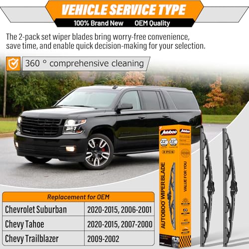 Image of AUTOBOO Windshield Wiper Blade Replacement for Chevy Tahoe Suburban | Fits Tahoe /Suburban 2001-2006 & 2015-2020, Trailblazer 2002-2009, 22 inch+22 inch, 2-pack, J /U hook, streak-free, quiet