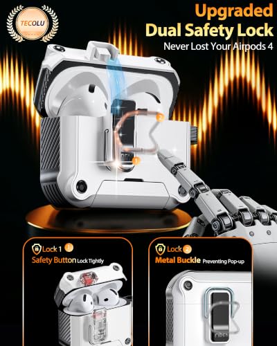 Image of Dual Safety Lock for AirPods 4 Case 2024, Compatible with MagSafe - Designed with Automatic Switch and Phone Stand, Includes a Cleaner & Keychain - Rugged Tough Hard Shell for Apple AirPods 4, White