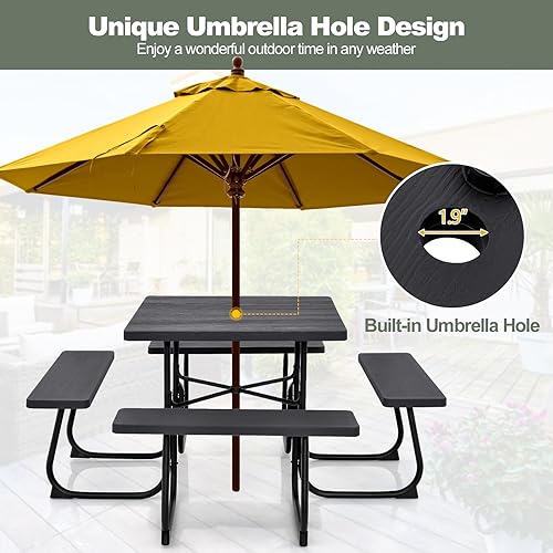 Image of Tangkula 8 Person Picnic Table, Outdoor Square Picnic Table with 4 Built-in Benches, Umbrella Hole, Metal Frame & HDPE Tabletop, Outside Table and Bench Set for Backyard, 2300lbs Weight Capacity