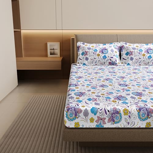 Image of Divine Casa 144 TC 100% Cotton Double Bedsheet with 2 Pillow Covers | Soft Breathable Wrinkle Free Bed Sheet Set | Printed Bedding for Bedroom | 222 x 254 cm (Purple Blue, Floral)