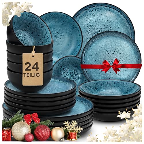 Twinzee Steingut Geschirrset 24-teilig für 6 Personen - Schüssel-...