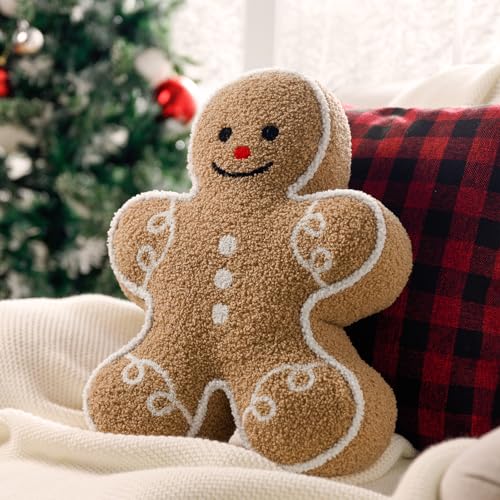 Phantoscope Gingerbread Man Merry Christmas Throw Pillow, Plush Teddy Xmas Gingerbread Shaped Pillows Christmas Decorative Pillow for Couch Living Room Bed, Beige,13 x 17 inches
