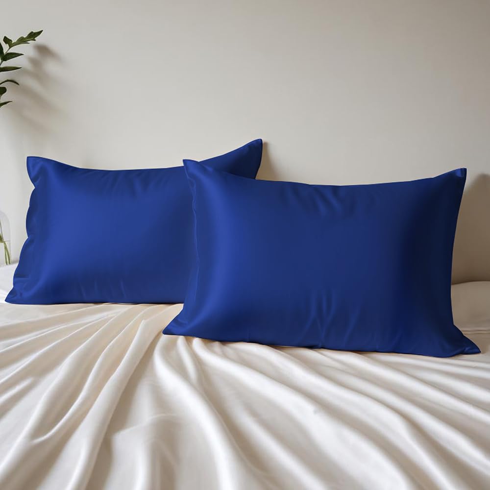 Layers Micro Satin Silky Pillow Cover Set & Drawstring Pouch (Pack of 2) | Durable Satin Pillow Cover with Envelope Closure | Luxury Satin Pillow Covers |Cozy Micro Satin Pillow Covers - 85 GSM, Blue
