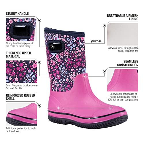 Hisea Kids Rain Boots For Boys Girls, Waterproof Insulated Rubber Neoprene Boots, Seamless Outdoor Boots With Handles Rainboot All Weather Mud Boots For Rain, Snow, Winter And Muck, Size 3Lk Fuchsia Floral #TOP2