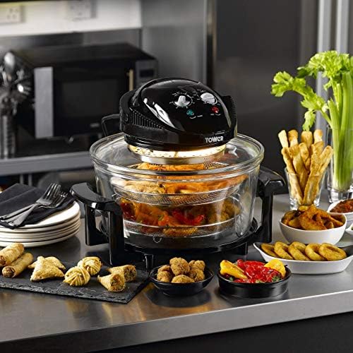 Tower Halogen Airwave Low Fat Air Fryer, Triple Cooking Power of Halogen, Convection and Infrared, 1300 W, 12 Litre Capacity with Extender Ring, Black (Renewed)