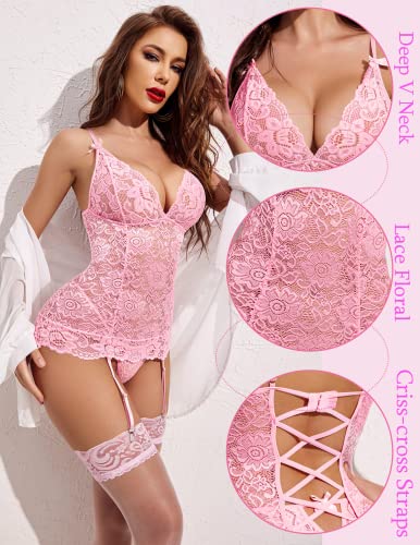 Avidlove Women's Floral Lace Lingerie Sets with Garter Belt 2 Piece Lace Teddy Babydoll Bodysuit Pink L (No Stockings) - Image 3