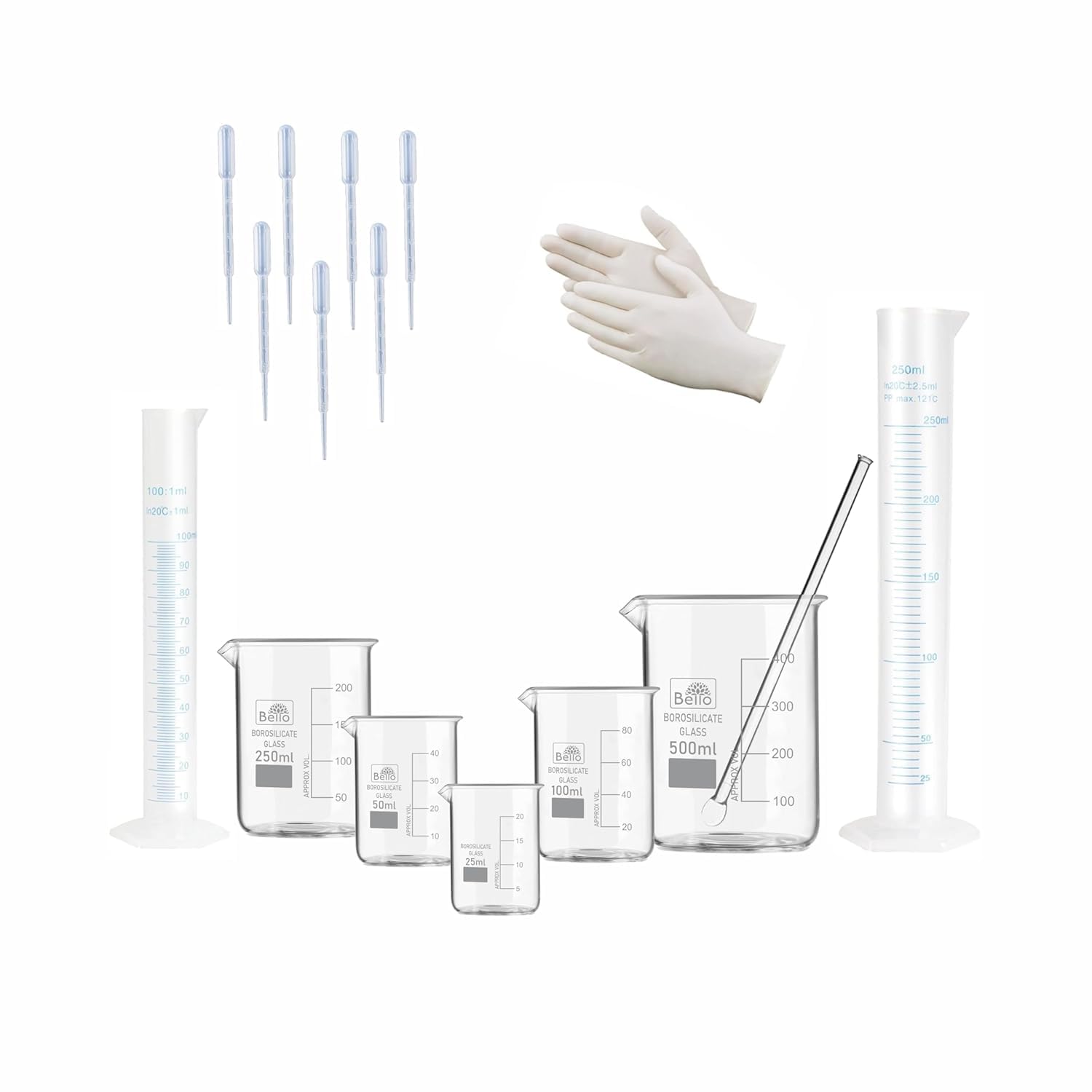 Bello Products of 17 | Borosilicate Beaker 25ml, 50ml, 100ml, 250ml,500ml & Glass Stirring rod 2pcs, Plastic Cylinder 100ml, 250ml With 1-Set of Gloves, Plastic Dropper 3ml 7pcs for professional use-image-43