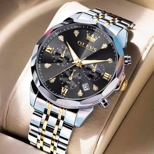 Image of OLEVS Watch for Men Luxury Gold Diamond Chronograph Business Wristwatch with Analog Quartz, Date Calendar, Stainless Steel Band, Luminous Hands, Waterproof