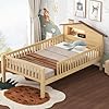 Twin Size Platform Bed with House Shaped Headboard LED and Built in Storage Kids Bed Frame with Safety Guardrails for Girls Boys Wood Slats Support Natural