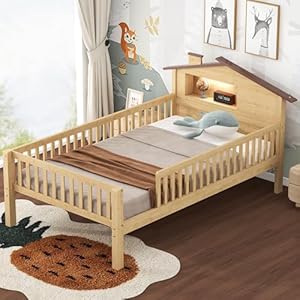 Twin Size Platform Bed with House-Shaped Headboard, LED and Built-in Storage, Kids Bed Frame with Safety Guardrails for Girls Boys, Wood Slats Support, Natural Twin Size Platform Bed with House Shaped Headboard LED and Built in Storage Kids Bed Frame with Safety Guardrails for Girls Boys Wood Slats Support Natural