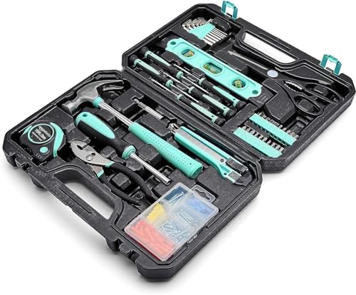 Amazon Basics 142-Piece Household Tool Kit for Home Repair, Hand Tools with Storage Case, 13.39 x 9.25 x 2.95 inch, Turquoise