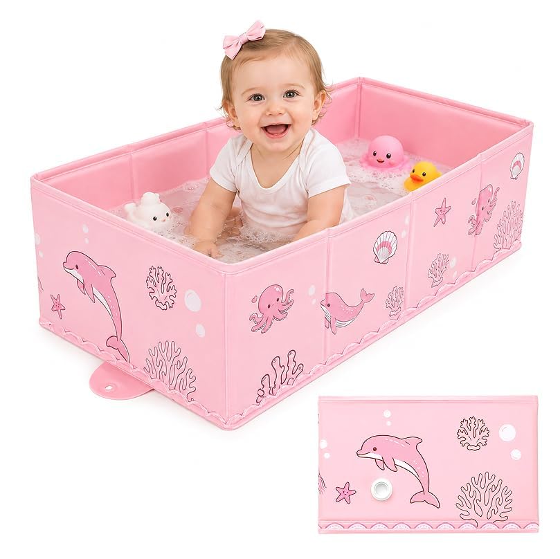 AirSwim Collapsible Baby Bathtub, Foldable Bathtub with a Drain Plug for 6M-4Y Infant Toddler, Space Saving Portable Baby Bath Tub for Travel, Quick Drain and Easy to Clean, No Assembly Required, Pink